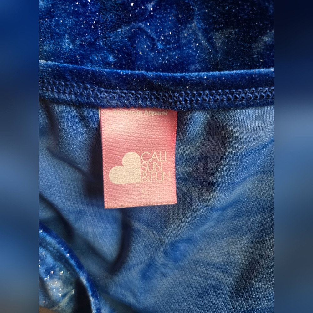 American Apparel Blue Velvet Sparkly Y2K Set Mini Skirt Crop Top Festival Rave - Picture 9 of 10